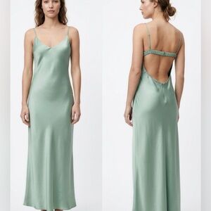 Zara Celery Green “Satin” Lingerie Open Back Maxi Slip Dress Small